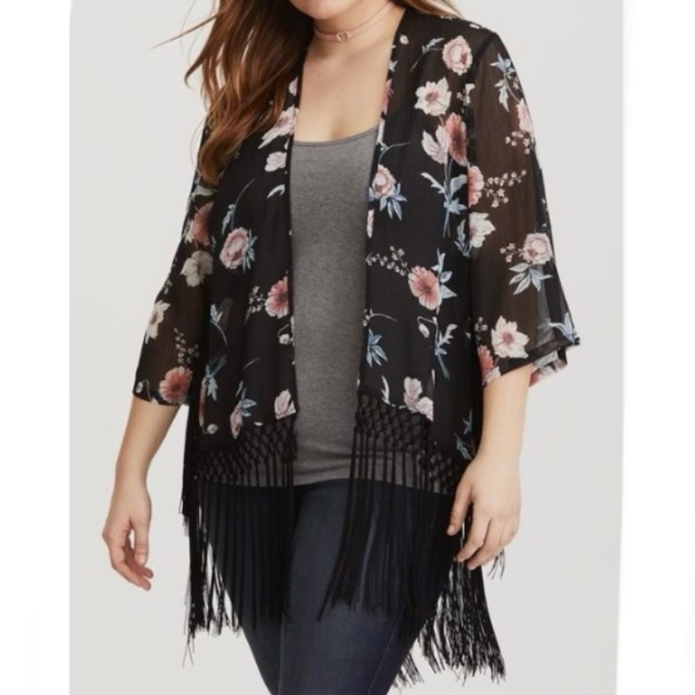 Women’s Torrid Open Front Floral Boho Fringe Kimono Top Plus Size 24W
